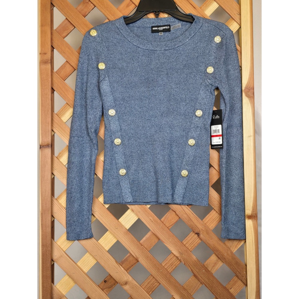 Karl Lagerfeld Paris Ribbed Knit Sweater Womens XS Blue Gold Button - New